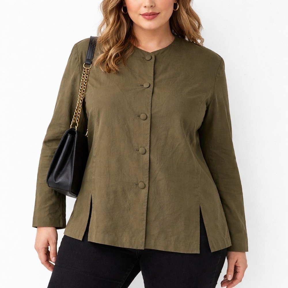 Patrick‎ Collection Button-Front Blazer Women's Size 14 Olive Green 100% Silk